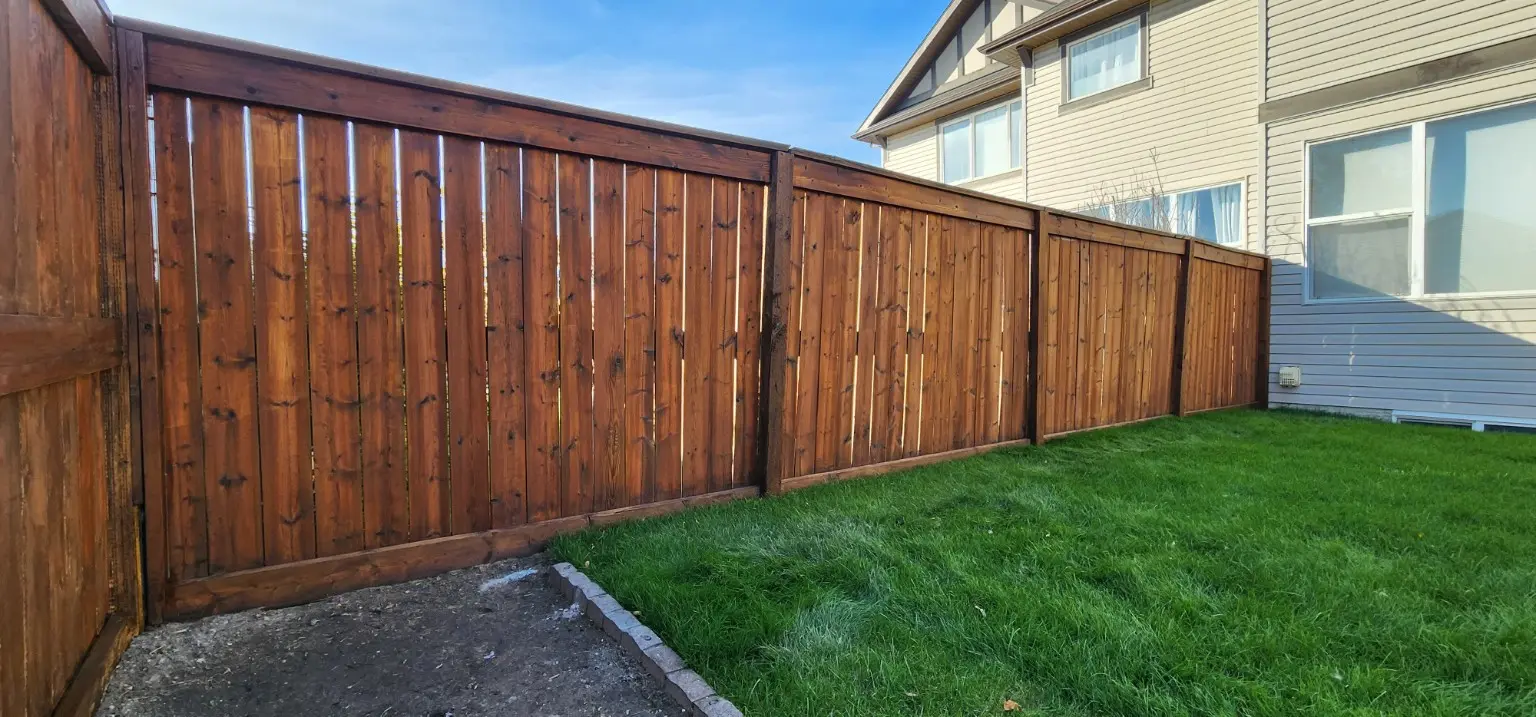 Stained wood fence restored by White5 in Calgary